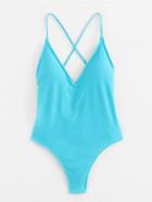 Romwe Lace Up Back Ruched Detail Plunge Swimsuit