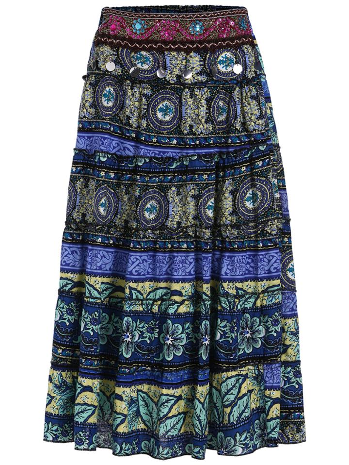 Romwe With Sequined Tribal Print Pleated Skirt