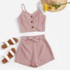 Romwe Button Front Crop Cami Top With Shorts