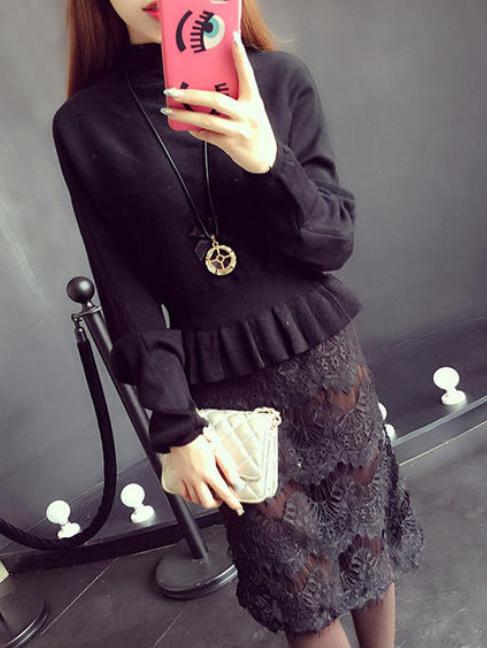 Romwe Black Ruffle Embellished Lace Hem Dress