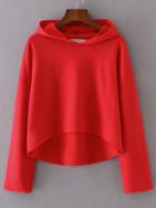 Romwe Red Drop Shoulder Seam High Low Hooded Sweatshirt