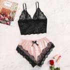 Romwe Floral Lace Bralette With Satin Shorts