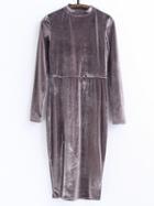 Romwe Grey Mock Neck Slit Velvet Dress