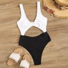 Romwe Two Tone Cut-out Knot Front One Piece Swimsuit