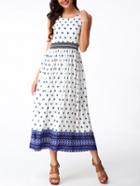 Romwe Blue Print Sleeveless Bohemian Maxi Dress