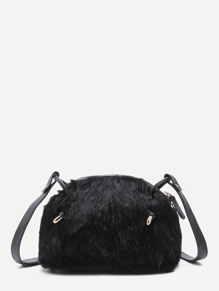 Romwe Cute Black Rabbit Hair Zip Closure Crossbody Bag