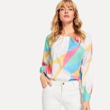Romwe Color Block Geo Print Top