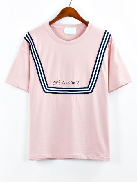 Romwe Pink Striped Tape Detail Drop Shoulder T-shirt