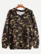 Romwe Camo Print Zip Detail Drawstring Hooded Pocket Sweatshirt