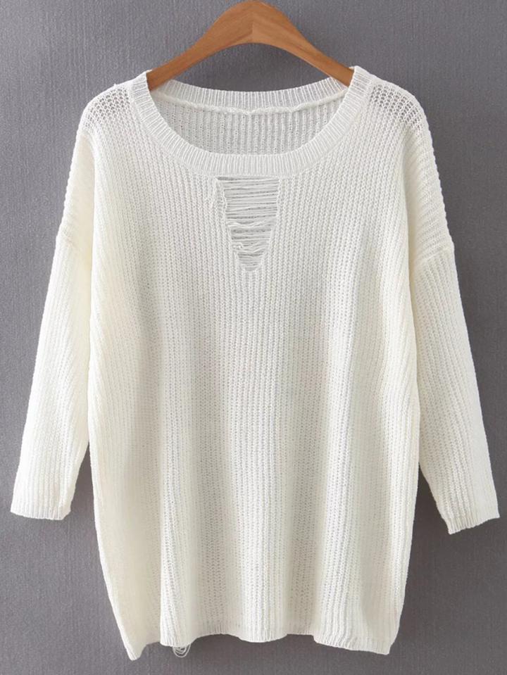 Romwe White Round Neck Ripped Front Knitwear
