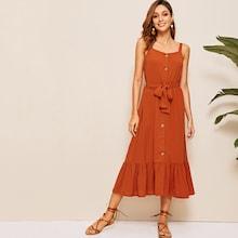 Romwe Button Through Ruffle Hem Belted Dress