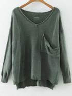 Romwe Green V Neck Drop Shoulder Dip Hem Sweater With Pocket