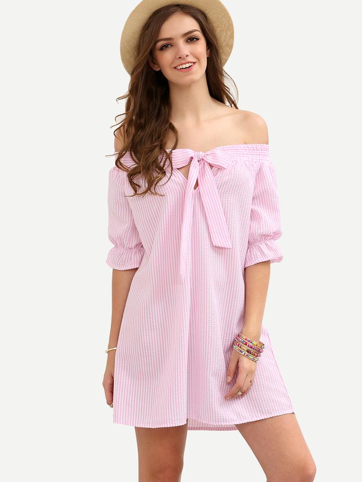 Romwe Pink Striped Bow Off The Shoulder Shift Dress