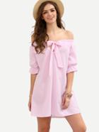 Romwe Pink Striped Bow Off The Shoulder Shift Dress