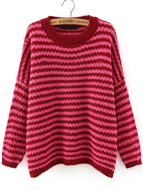 Romwe Crew Neck Loose Striped Red Sweater