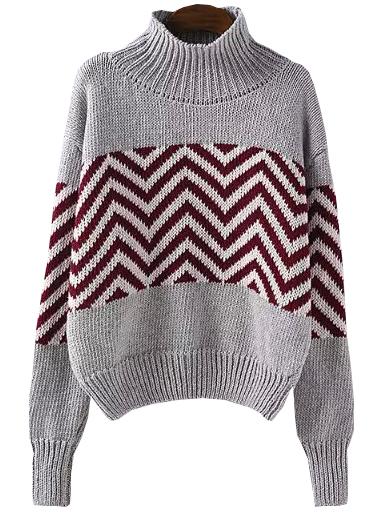 Romwe High Neck Striped Grey Sweater
