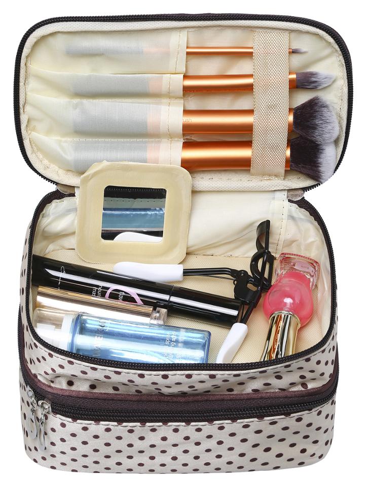 Romwe Beige Polka Dot Double Layers Cosmetic Bag