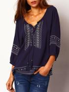 Romwe Navy Lace Up Embroidered Loose Blouse