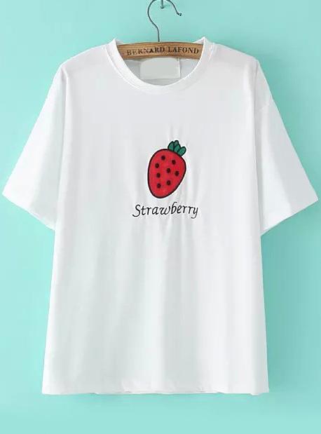 Romwe Strawberry Patch Embroidered White T-shirt
