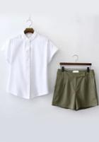 Romwe Stand Collar Short Sleeve Top With Shorts