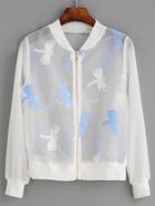 Romwe White Dragonfly Embroidered Organza Bomber Jacket