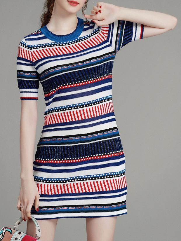 Romwe Multicolor Crew Neck Knit Sheath Dress