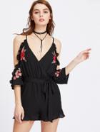 Romwe Embroidery Patch Draped Frill Cold Shoulder Surplice Wrap Playsuit