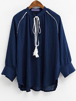 Romwe Navy Dip Hem Blouse With Tassel Tie