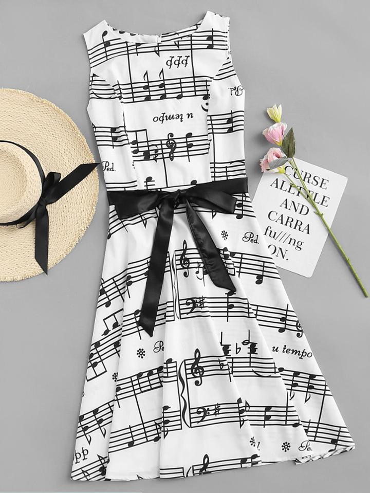 Romwe Note Print Self Tie Waist Dress
