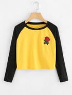 Romwe Rose Embroidered Contrast Sleeve Tee
