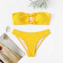 Romwe Tie Front Cut-out Ribbed Bikini Set