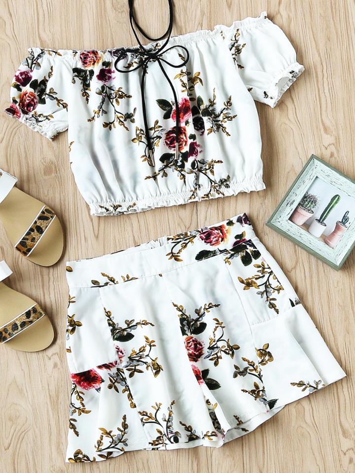 Romwe Bardot Floral Print Random Elastic Hem Top And Shorts Set