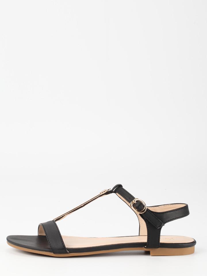 Romwe Metal Plate T-strap Black Sandals