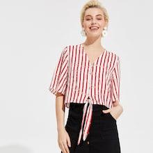 Romwe Chain And Striped Knot Hem Shirt