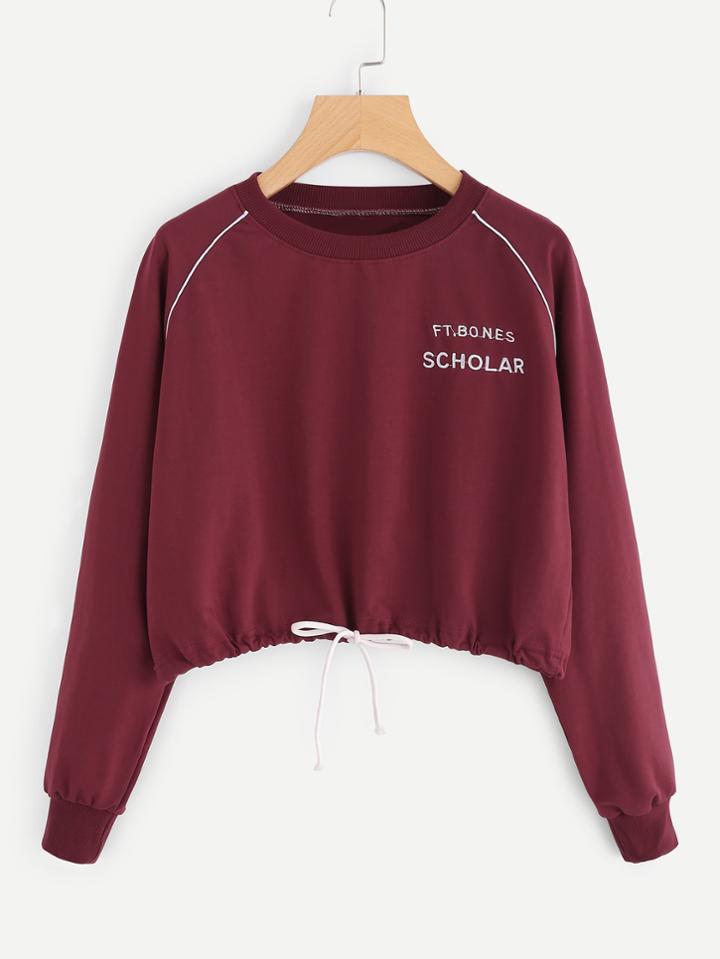 Romwe Slogan Embroidered Drawstring Hem Crop Sweatshirt