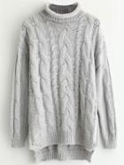 Romwe Grey Cable Knit Roll Neck Dip Hem Sweater