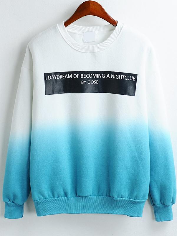 Romwe Letter Print Ombre Blue Sweatshirt