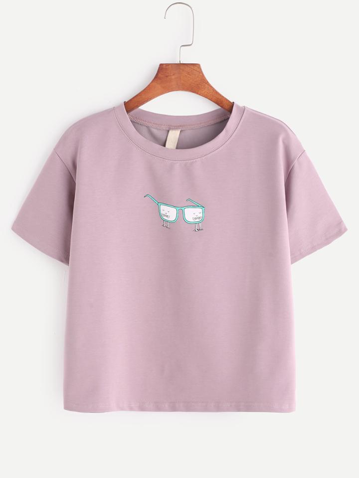 Romwe Pink Glasses Print T-shirt