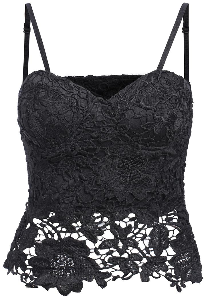 Romwe Black Spaghetti Strap Floral Crochet Lace Cami Top