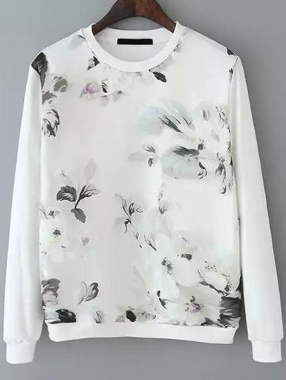Romwe Flower Print White Sweatshirt