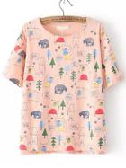 Romwe Forest Print Pink T-shirt