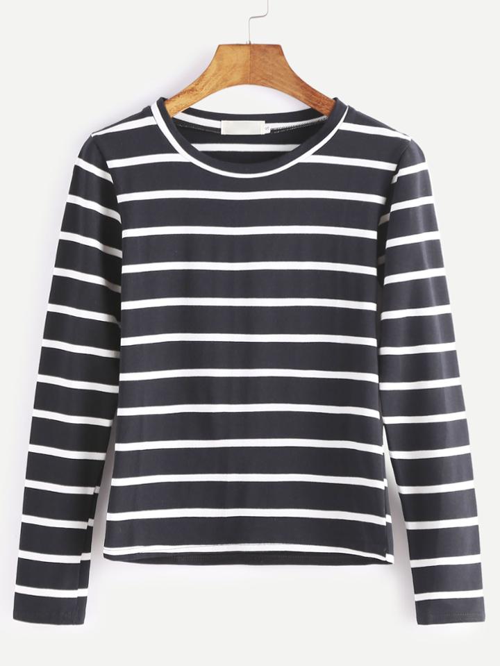 Romwe Black Striped Long Sleeve T-shirt