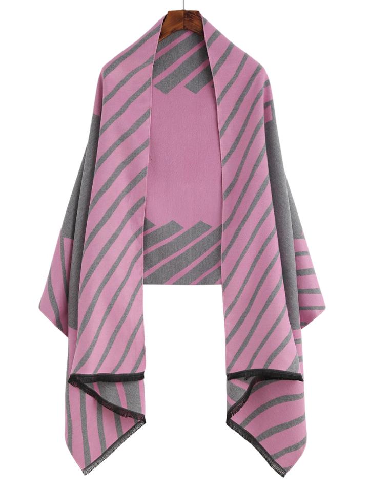 Romwe Pink And Grey Stripe Shawl Scarf