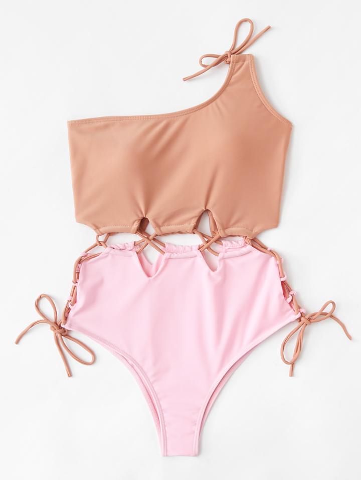 Romwe One Shoulder Drawstring Swimsuit