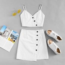 Romwe Button Detail Striped Cami With Skirt