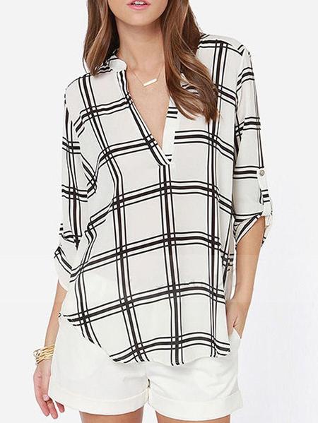 Romwe White Black V Neck Plaid Loose Blouse