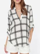 Romwe White Black V Neck Plaid Loose Blouse