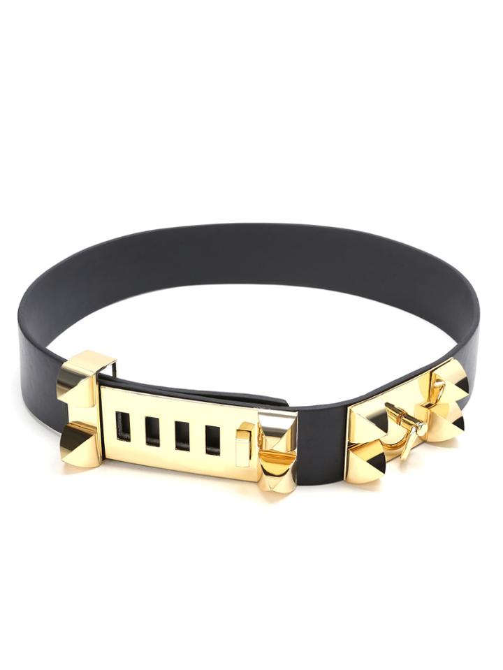 Romwe Gold Buckle Black Faux Leather Belt