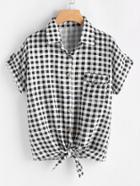 Romwe Gingham Print Knot Front Cuffed Shirt With Chest Pocket