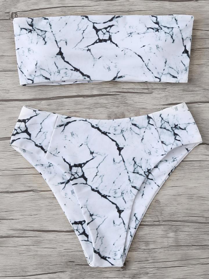 Romwe Marble Pattern Bandeau Bikini Set